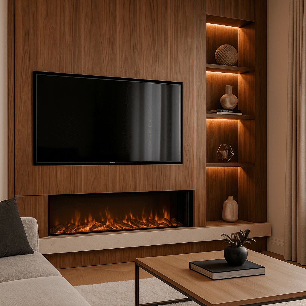 Luxe cinewall met elektrische haard.