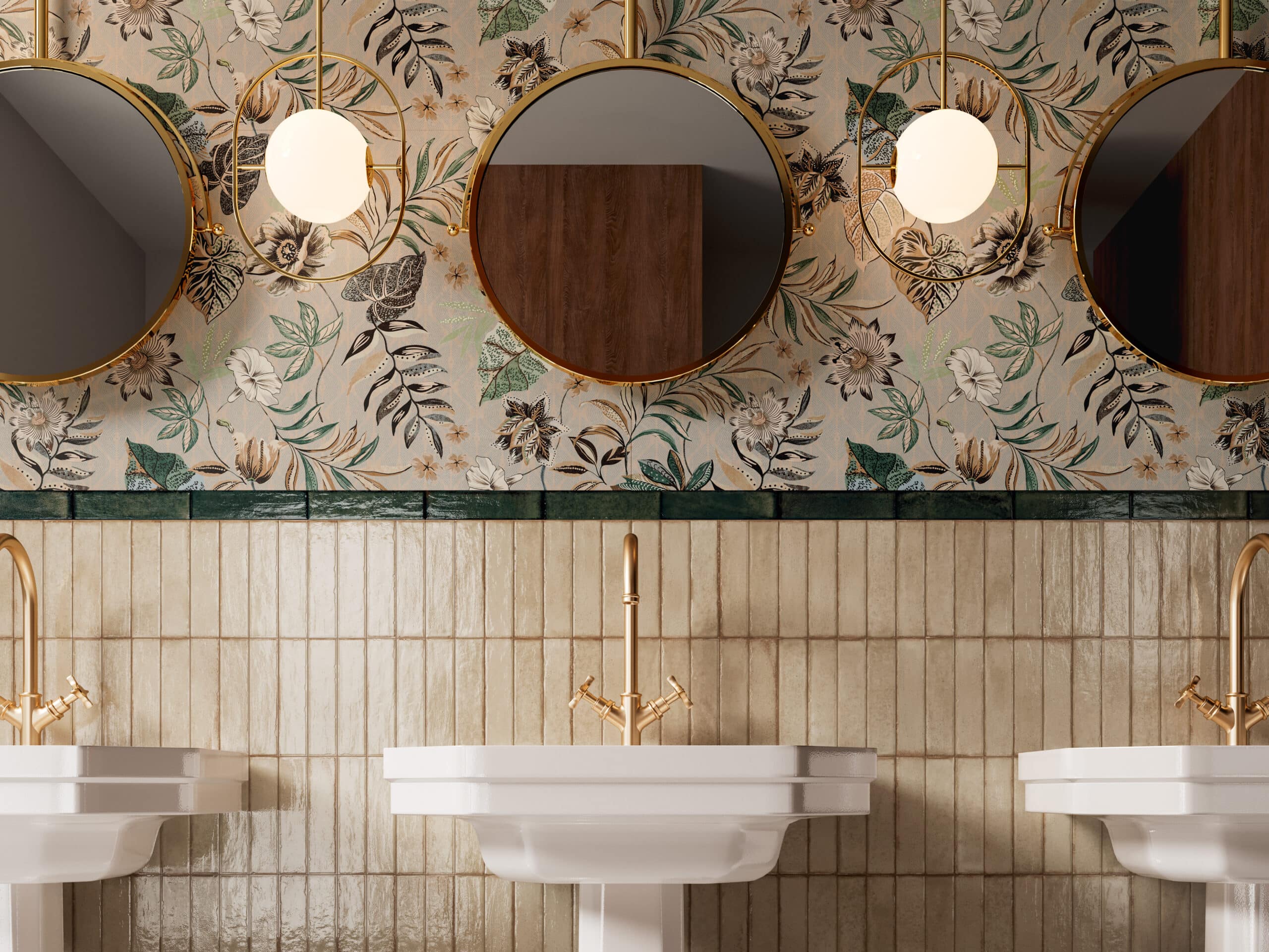 Luxe badkamer met beige tegels en dubbele wastafel.