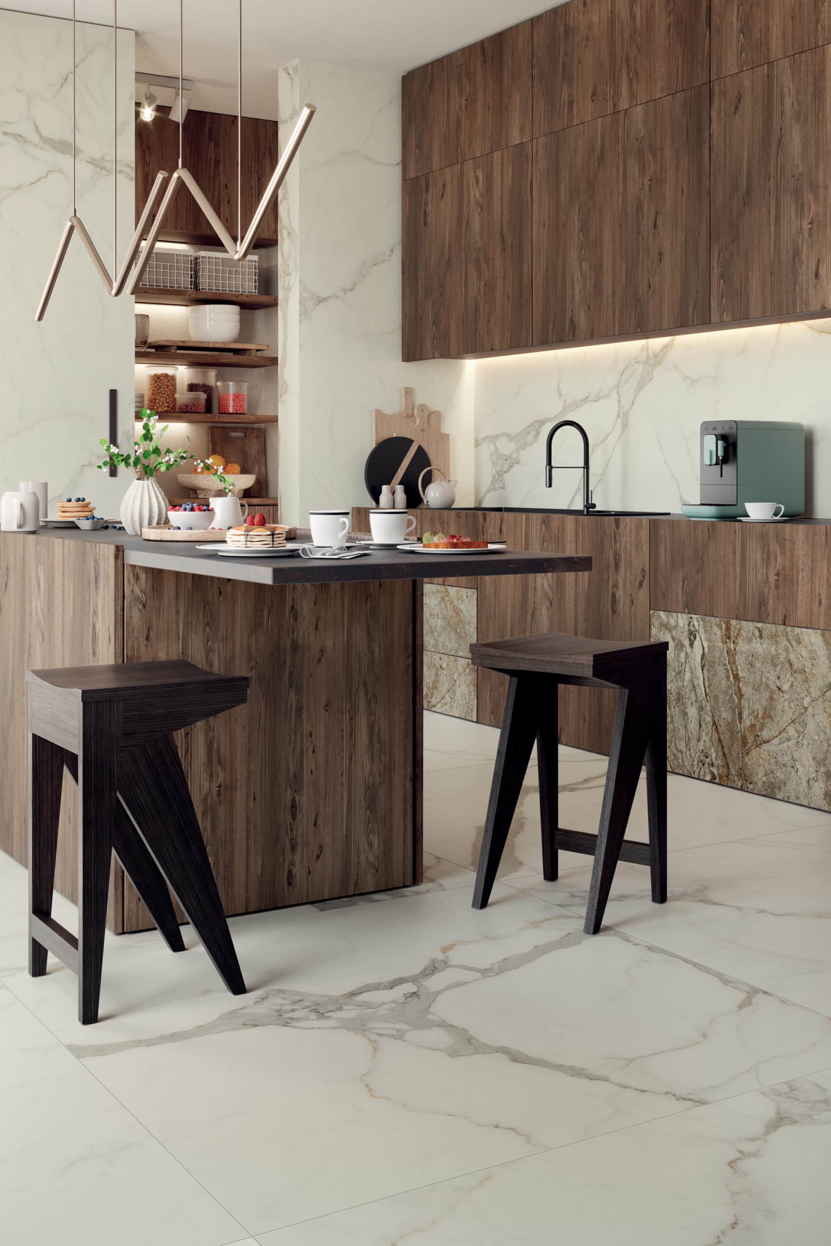 Keuken met vloertegels van marmer