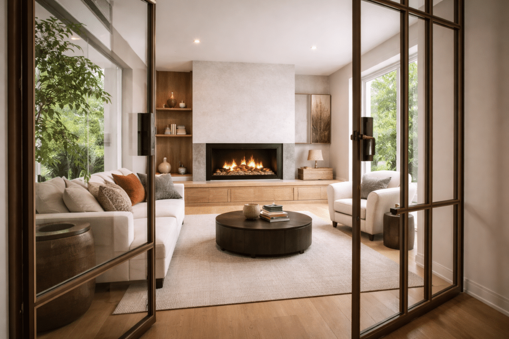 Japandi woonkamer in moderne twee-onder-een-kapwoning met strakke inbouw gashaard en natuurlijke beige tinten