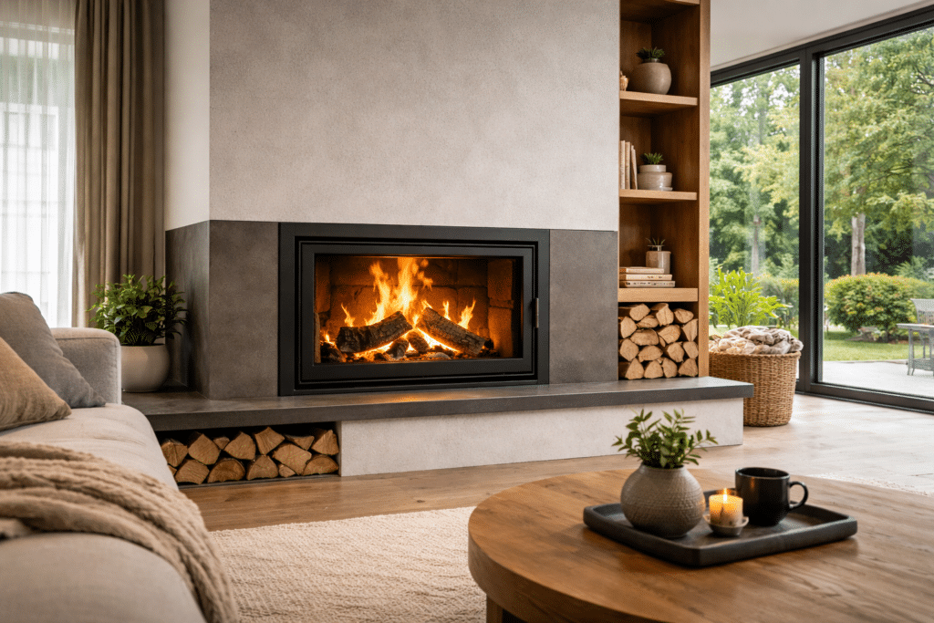 Moderne woonkamer in nieuwbouwhuis met hout inzet haard, strakke afwerking en warme natuurlijke interieurstijl