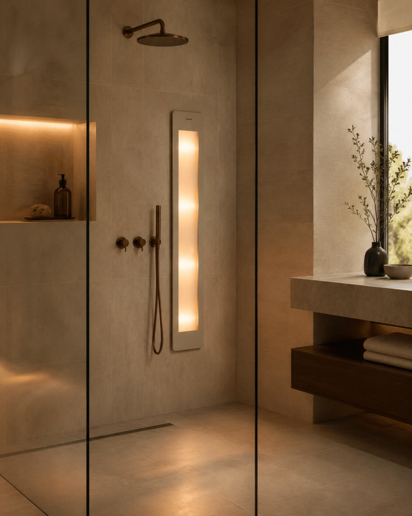 Sunshower in een luxe beige badkamer