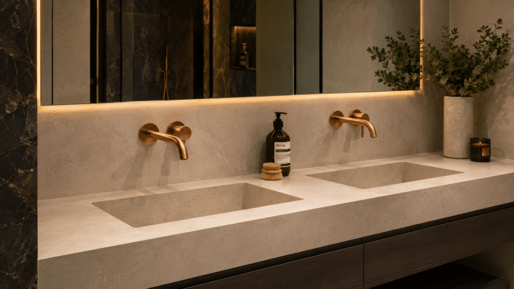 Luxe inbouwkranen met dubbele wastafel.